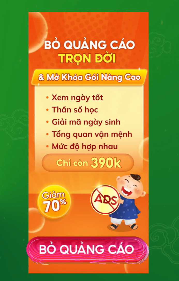 Bỏ quảng cáo trọn đời, trải nghiệm Lịch Việt không gián đoạn